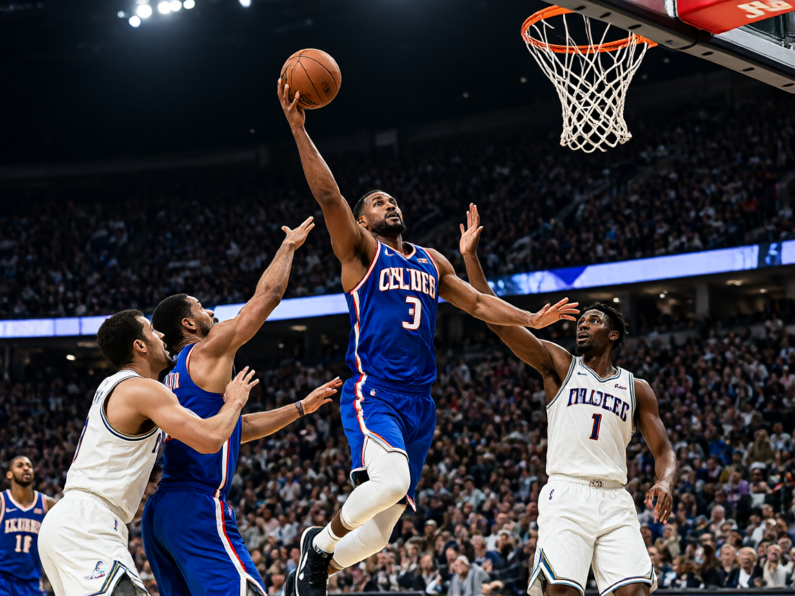NBA篮球比赛现场，球员在球场上激烈争夺，观众席座无虚席