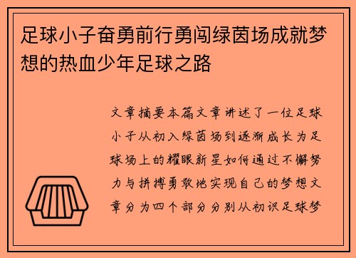 足球小子奋勇前行勇闯绿茵场成就梦想的热血少年足球之路