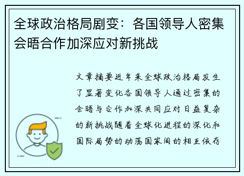 全球政治格局剧变：各国领导人密集会晤合作加深应对新挑战