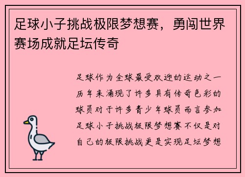 足球小子挑战极限梦想赛，勇闯世界赛场成就足坛传奇